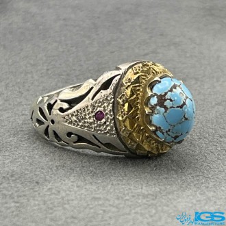 انگشتر نقره مردانه فیروزه طبیعی نیشابور با نگین یاقوت TURQUOISE